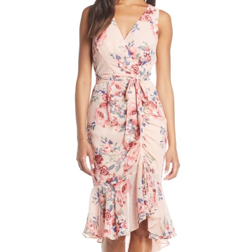Eliza J Floral Ruched Chiffon Wrap Dress
